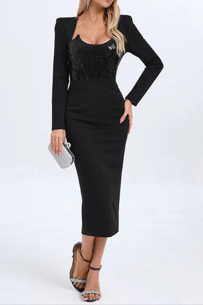 MELISSA LONG SLEEVE PATCHWORK SEQUIN MIDI DRESS IN BLACK