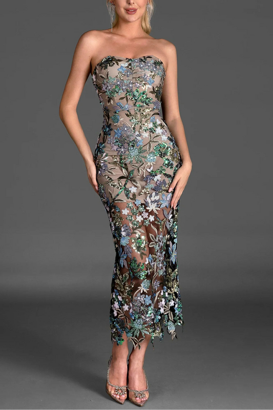 Neofytos Off Shoulder Embroidered Sequin Dress