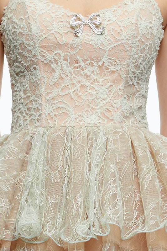 Spaghetti Strap Floral Lace Crystal Bow Tiered Mini Dress