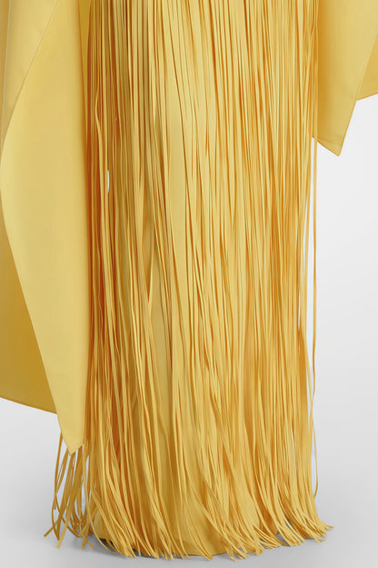 Pale Yellow Cape Overlay Diagonal Fringe Mermaid Maxi Gown