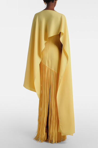 Pale Yellow Cape Overlay Diagonal Fringe Mermaid Maxi Gown