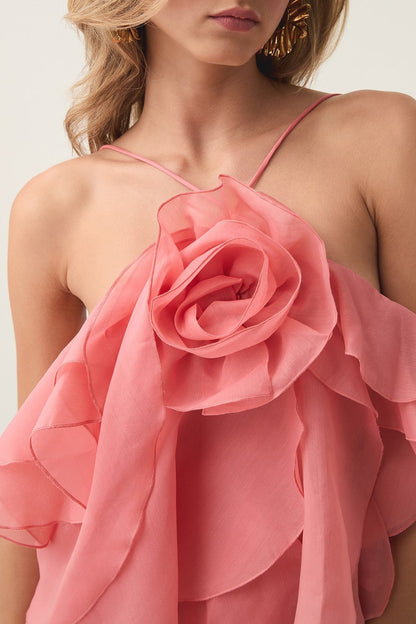 lorraine Halter Floral Ruffle Layered Mini Dress in Orange