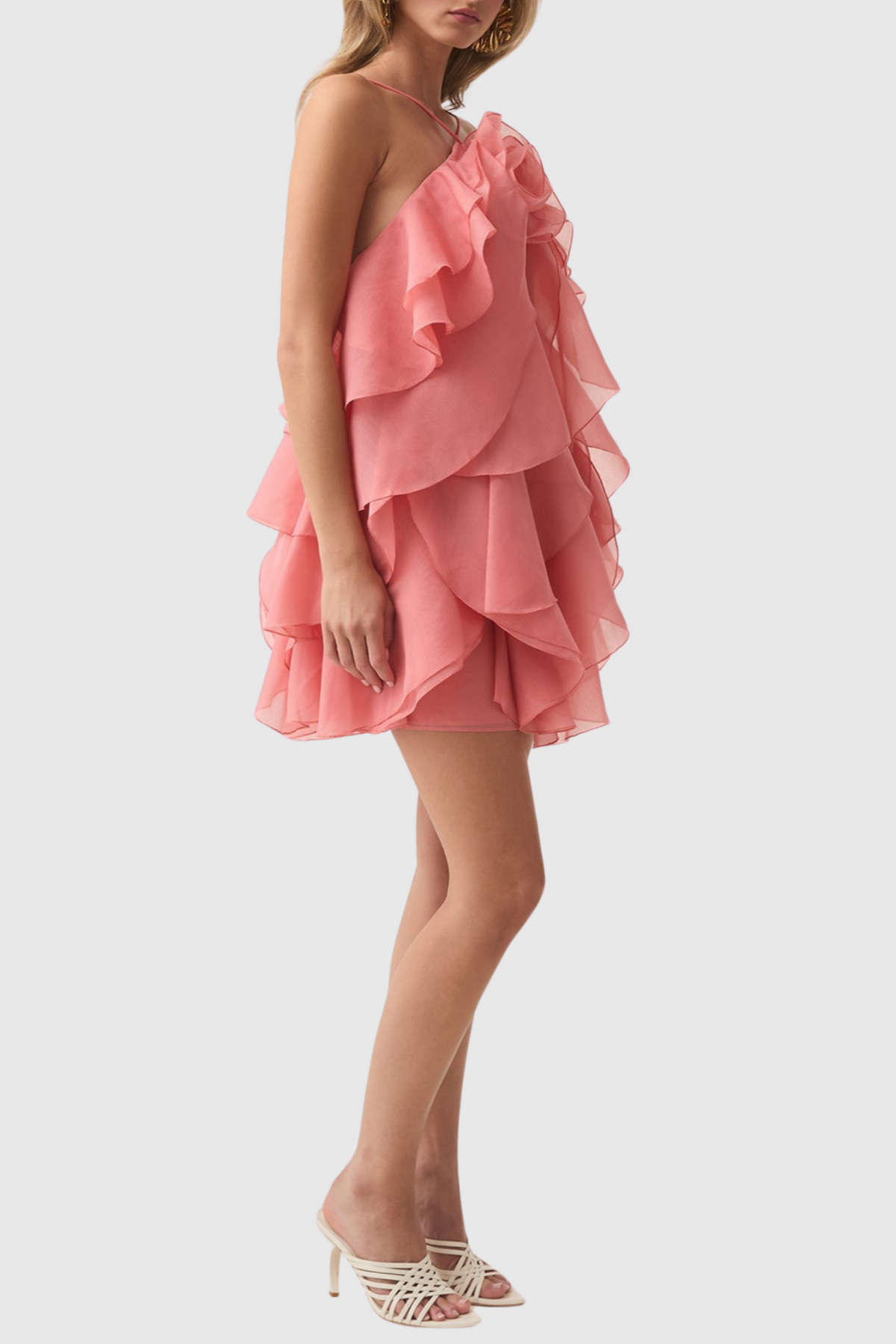 lorraine Halter Floral Ruffle Layered Mini Dress in Orange