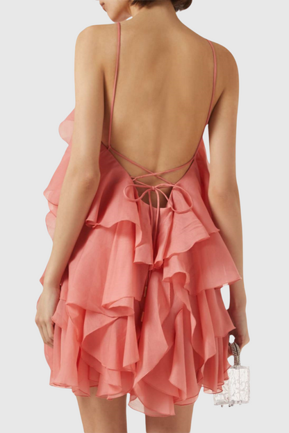 lorraine Halter Floral Ruffle Layered Mini Dress in Orange