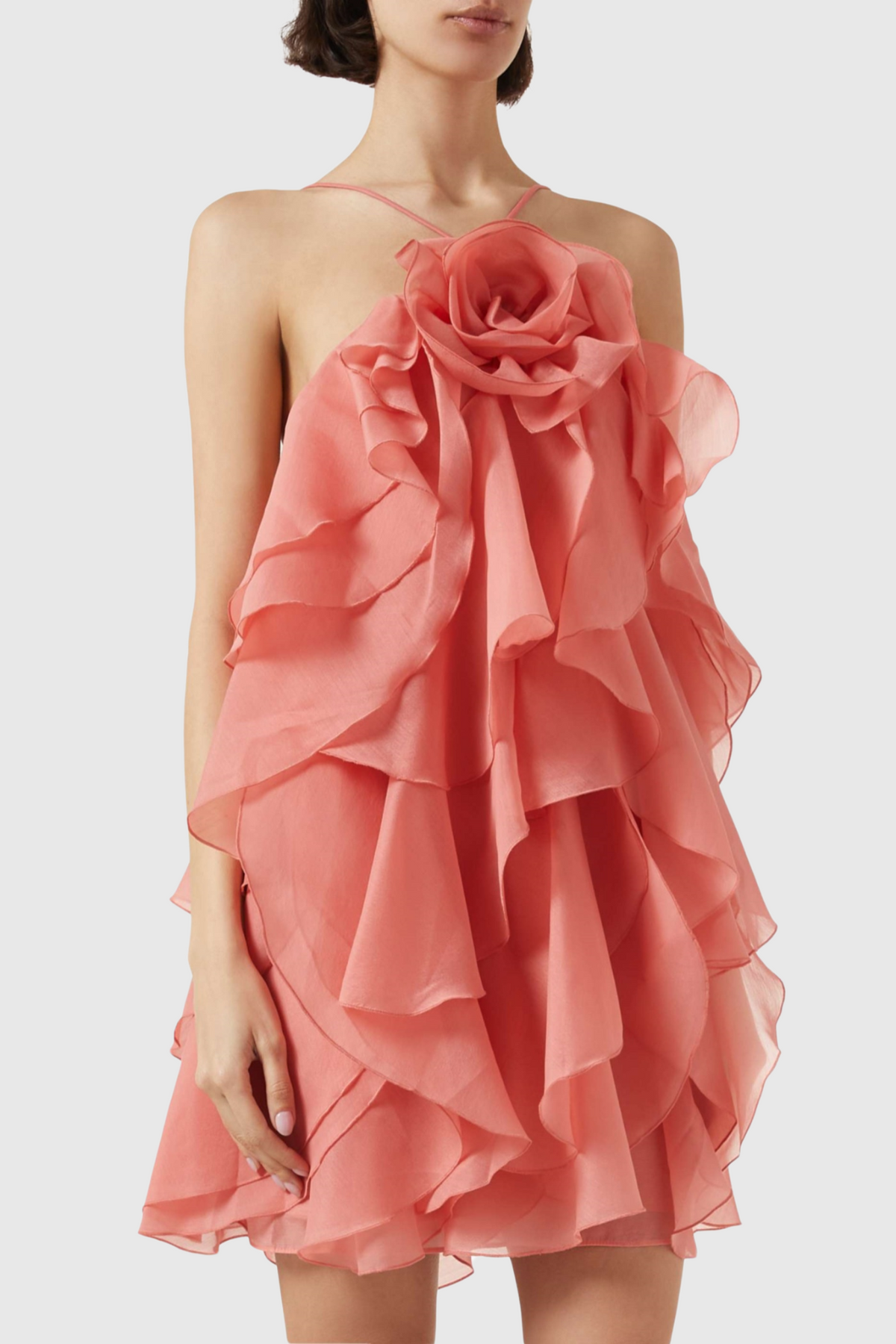 lorraine Halter Floral Ruffle Layered Mini Dress in Orange