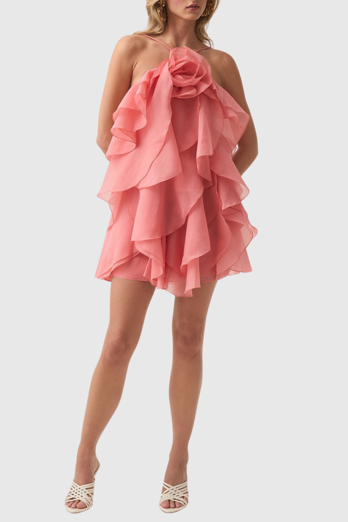 lorraine Halter Floral Ruffle Layered Mini Dress in Orange