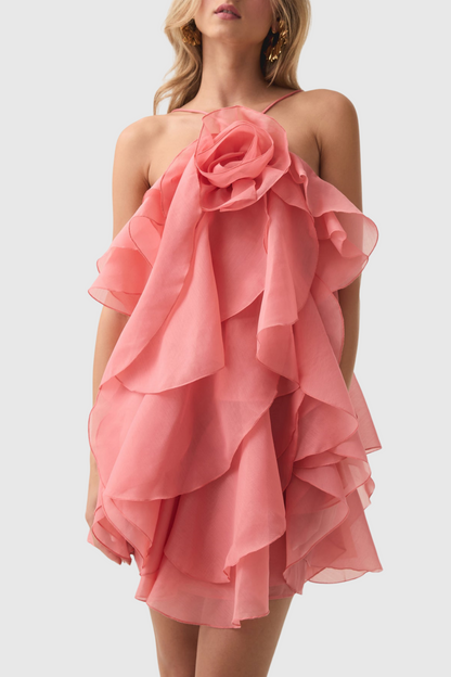 lorraine Halter Floral Ruffle Layered Mini Dress in Orange