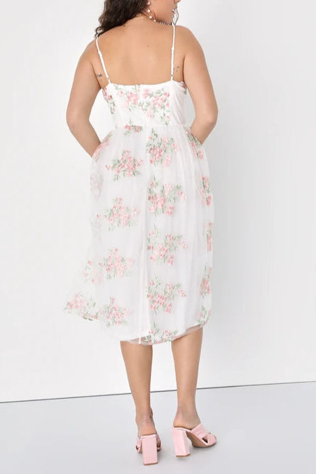 White Floral Embroidered Tulle Midi Dress