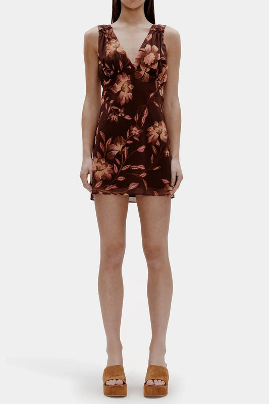 Tea print backless Mini Dress in brown