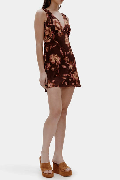Tea print backless Mini Dress in brown
