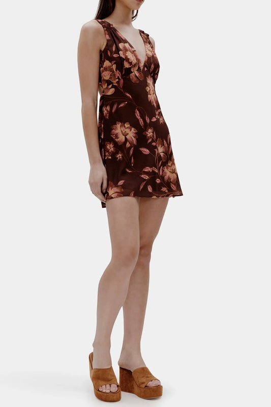 Tea print backless Mini Dress in brown