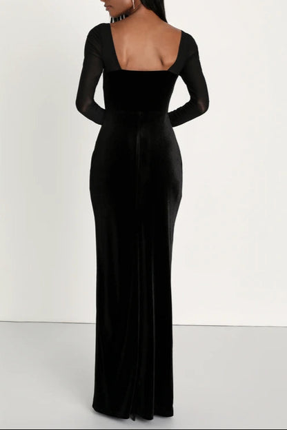 Certifiably Chic Black Velvet Mesh Long Sleeve Maxi Dress