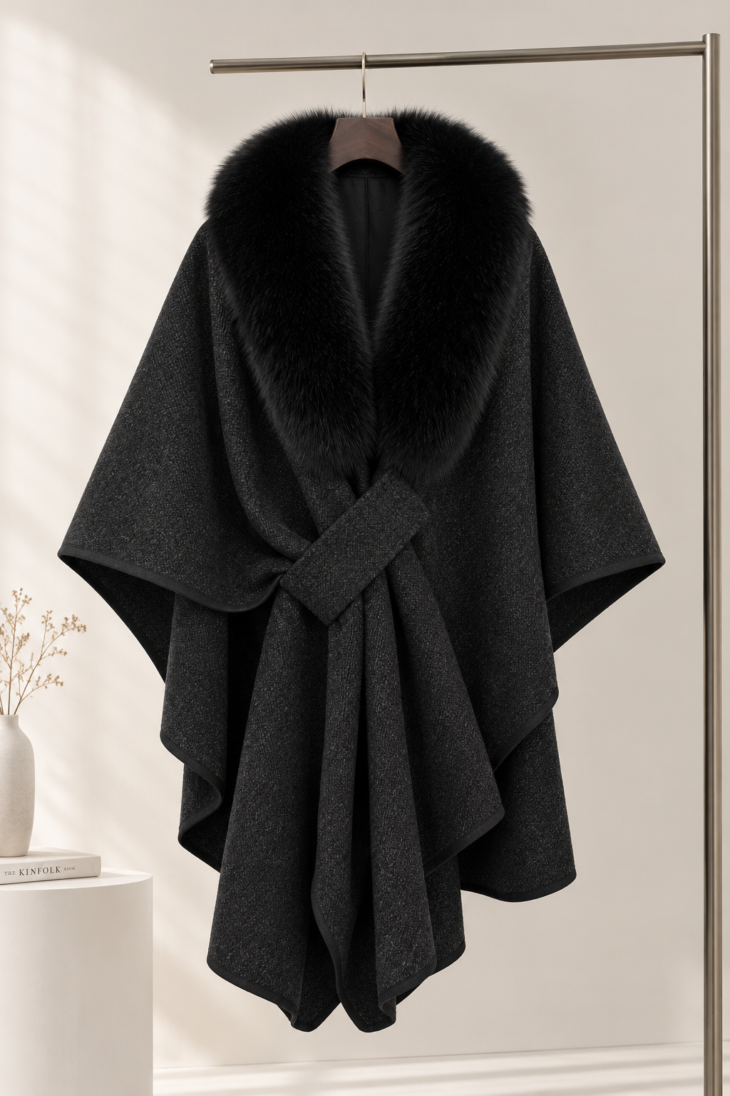 Black Wool Blend Oversized Draped Cape Coat with Fur Collar