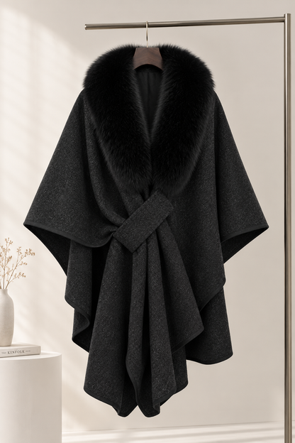 Black Wool Blend Oversized Draped Cape Coat with Fur Collar