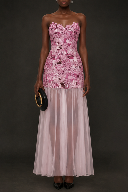 Pansya Floral Embroidery Strapless Maxi Dress - Pink