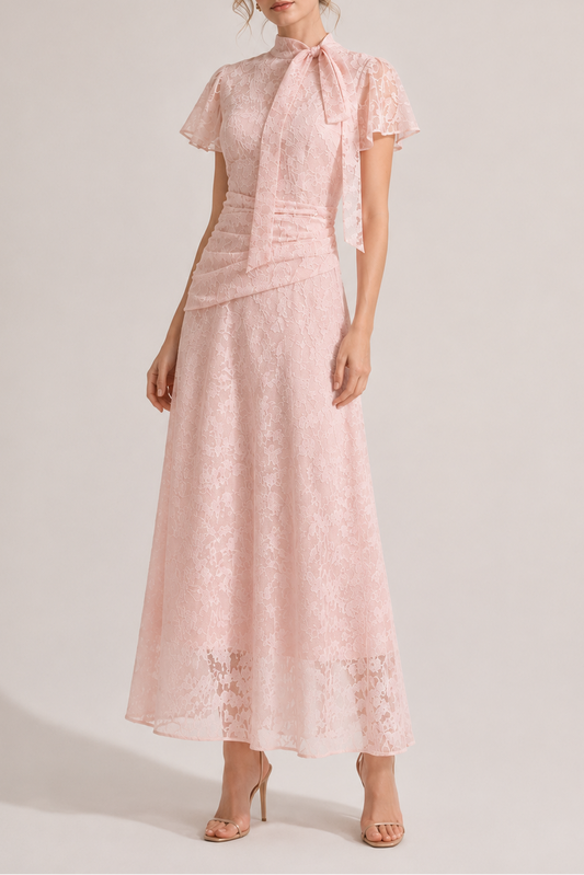 European Lace Midi Dress with Bow Neck Premium Fabric Womenswear - product view 1