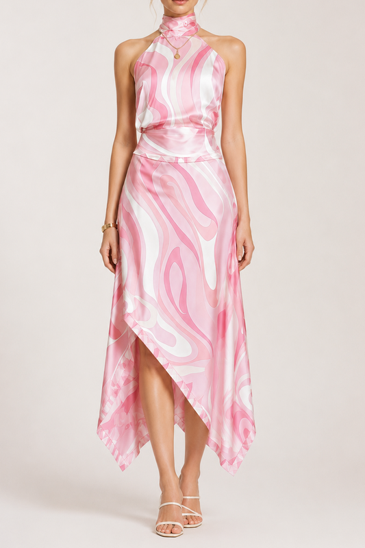 Halter Marble Print Satin Top & Asymmetric Midi Skirt Co-ord Set
