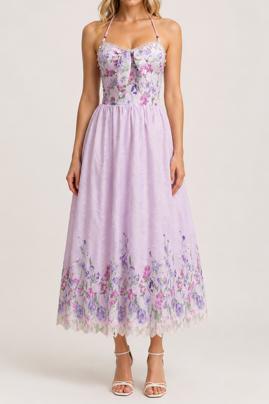 Halter Spaghetti Strap Bow Front Floral Embroidery Midi Dress