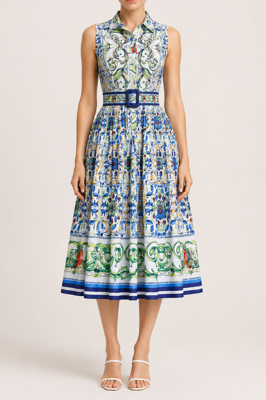 Sleeveless Collared Tile Print Belted A-Line Midi Dress