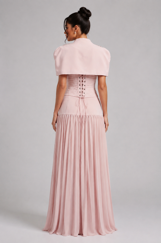 Cape Bow Pearl Corset Pleated Maxi Dress