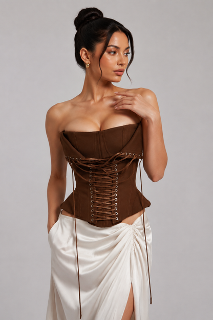 Strapless Wrap Lace-Up Back Brown Corset Top