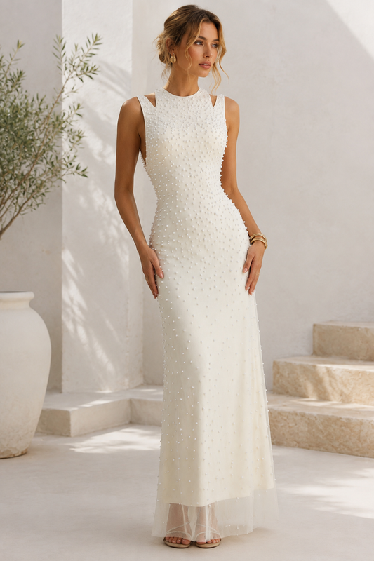 White Sleeveless Cutout Shoulder Full Pearl Beaded Mesh Mermaid Maxi Gown
