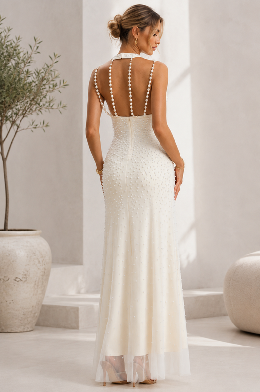 White Sleeveless Cutout Shoulder Full Pearl Beaded Mesh Mermaid Maxi Gown