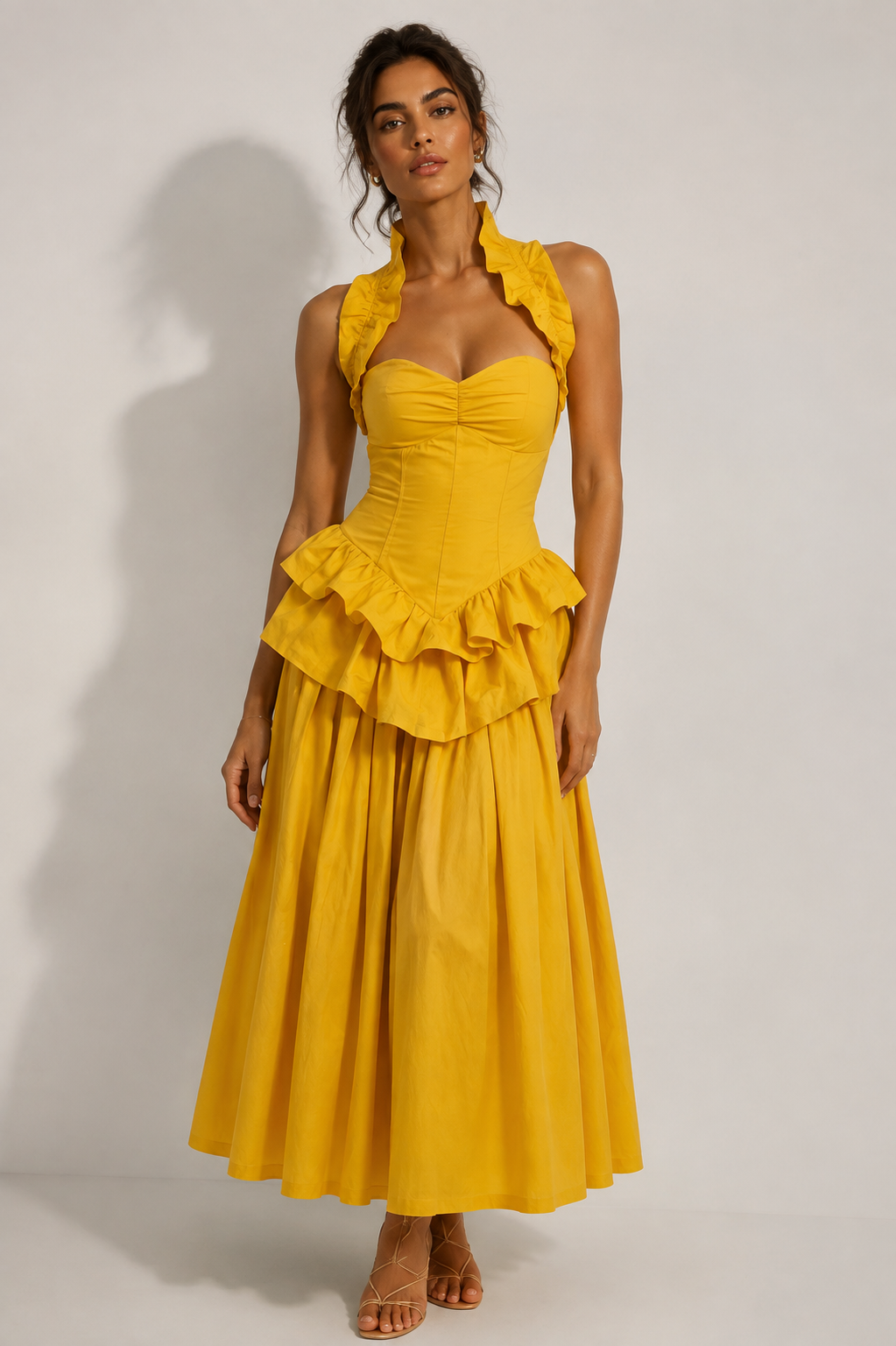 Yellow Ruffled Peplum Midi Dress