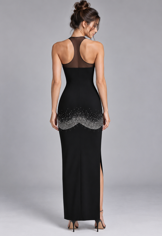 black matte stretch knit column maxi dress