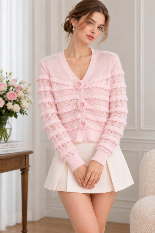 light pink lightweight fitted, cropped cardigan