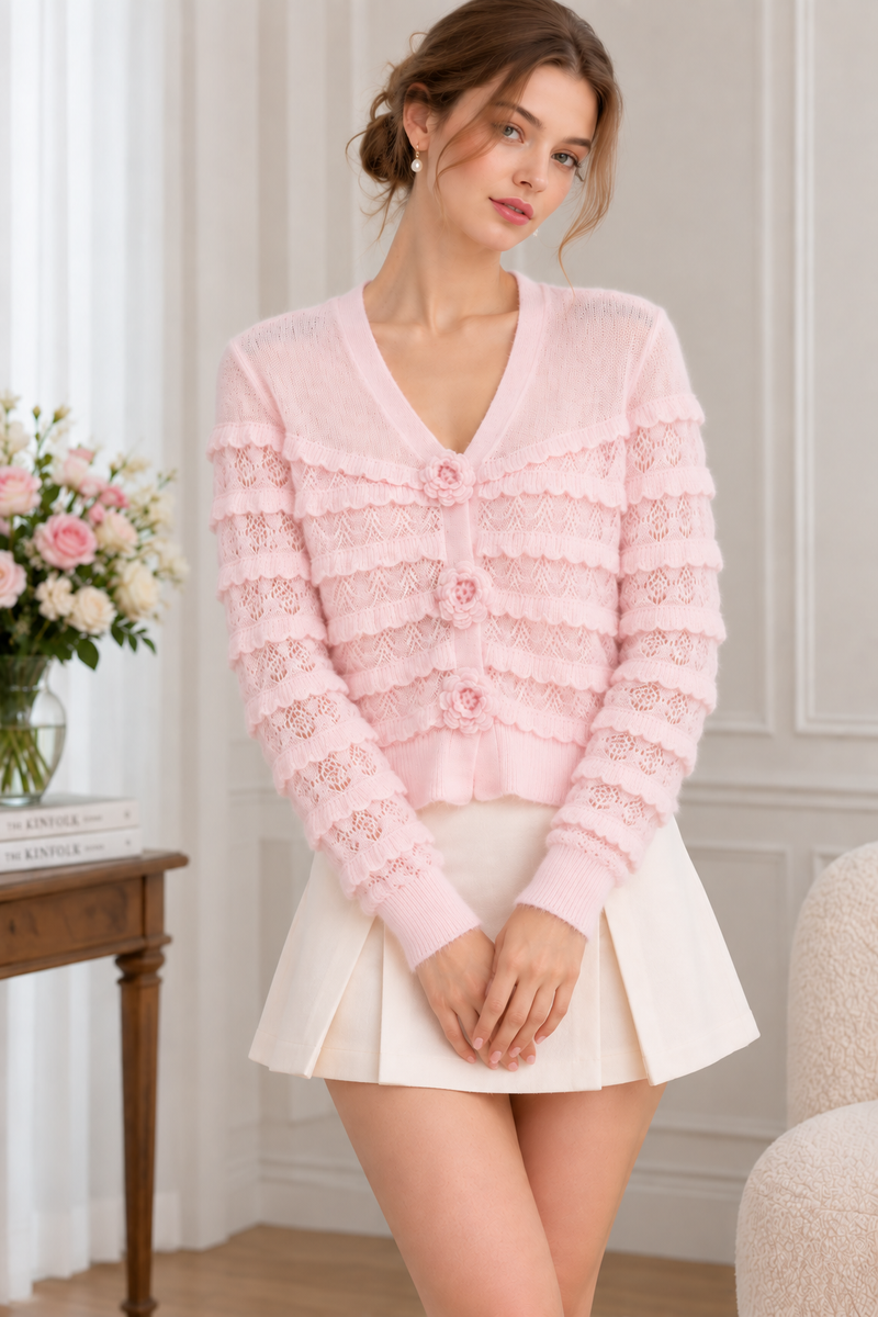 light pink lightweight fitted, cropped cardigan