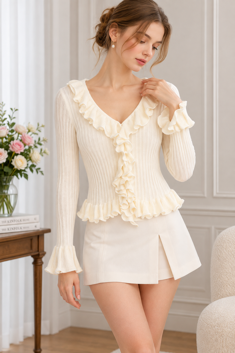 cream ribbed knit fitted cardigan