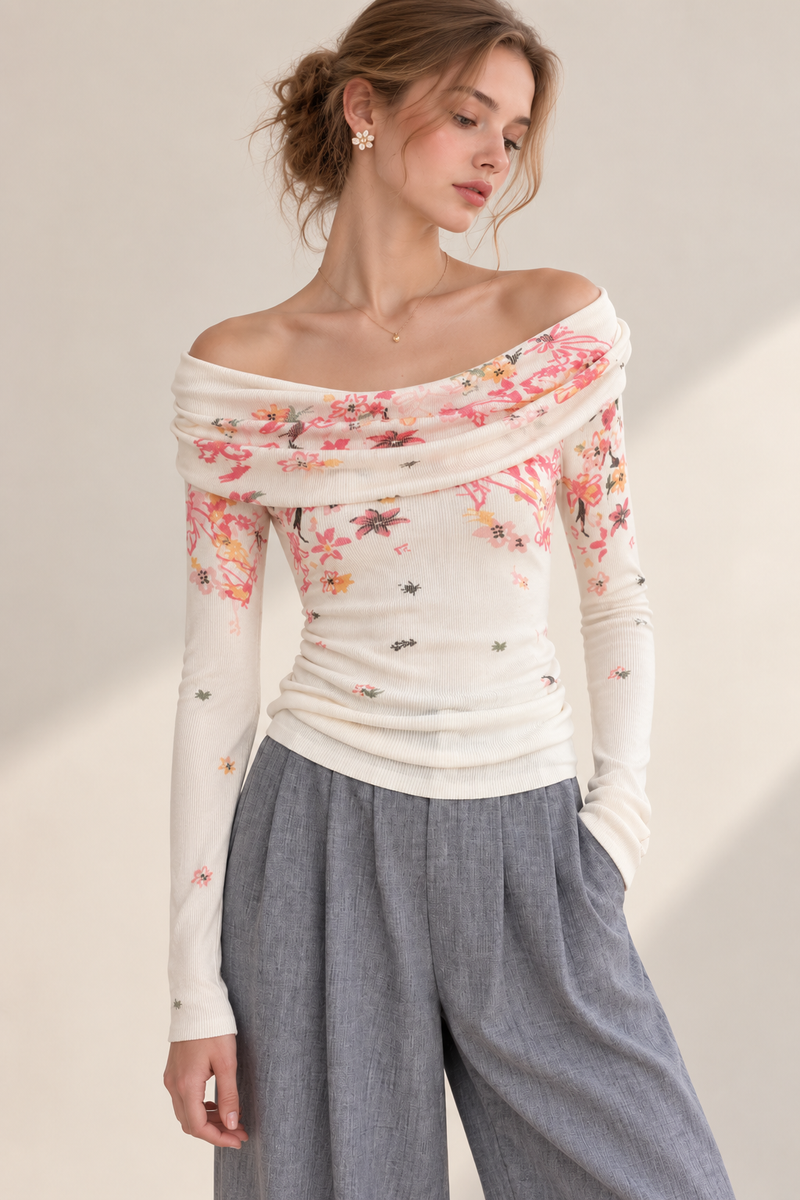 off-white lightweight fine knit fitted with draped neckline top
