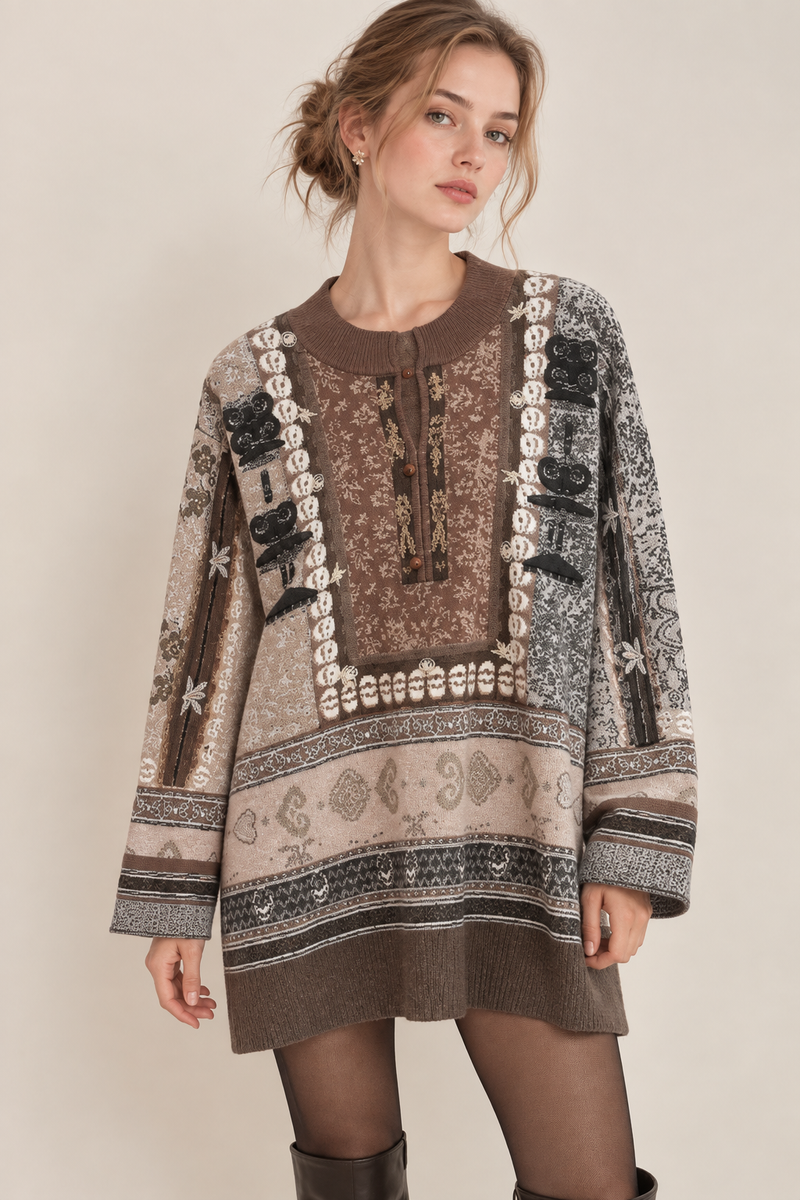 Taupe Fine Jacquard Knit Straight Relaxed Tunic Sweater