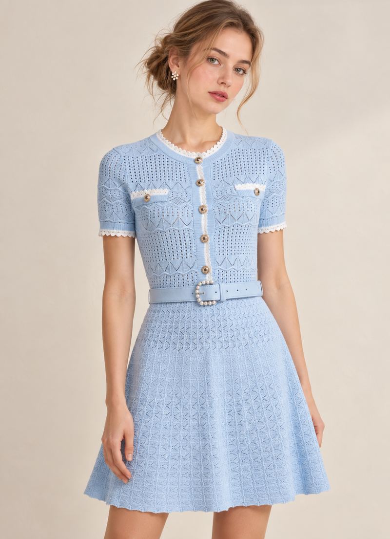 light blue pointelle knit A-line knit dress