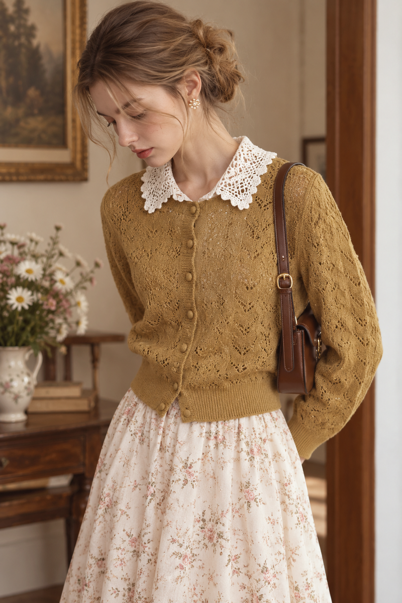 mustard yellow lightweight pointelle knit straight, slightly cropped cardigan