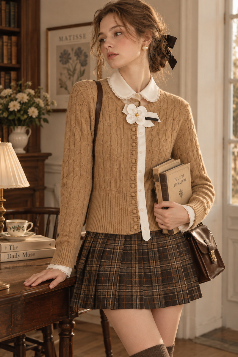 beige knit cropped, fitted cardigan