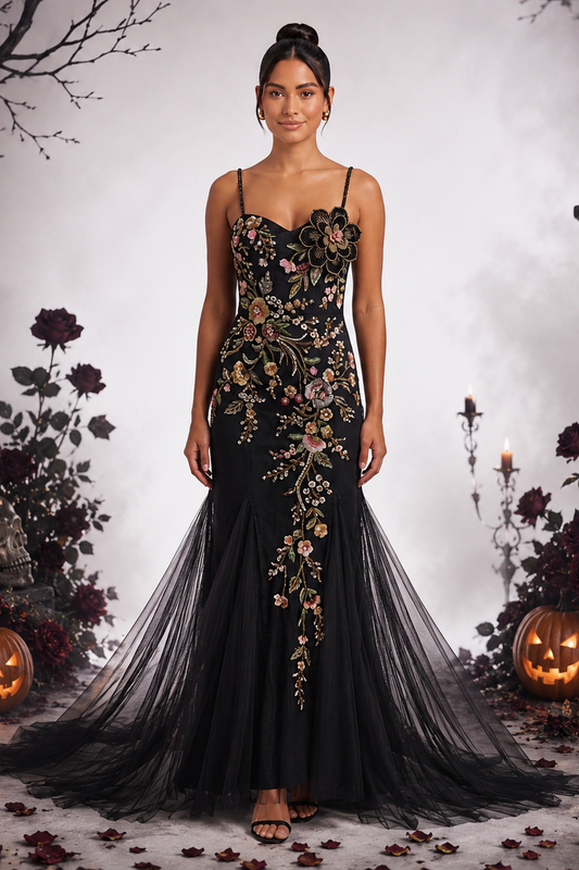 Black Tulle Mermaid Gown with Floral Beadwork