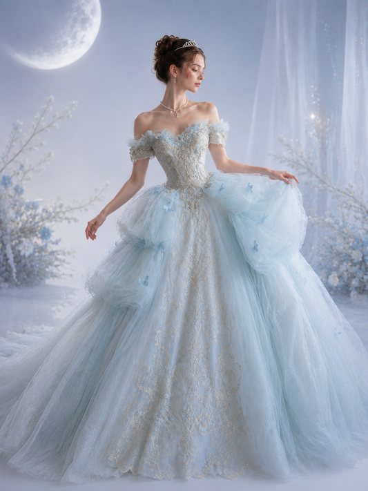 Light Blue Tulle Exaggerated Ballgown with Voluminous Side Panniers