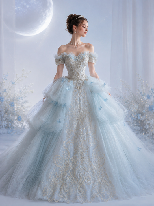 Light Blue Tulle Exaggerated Ballgown with Voluminous Side Panniers