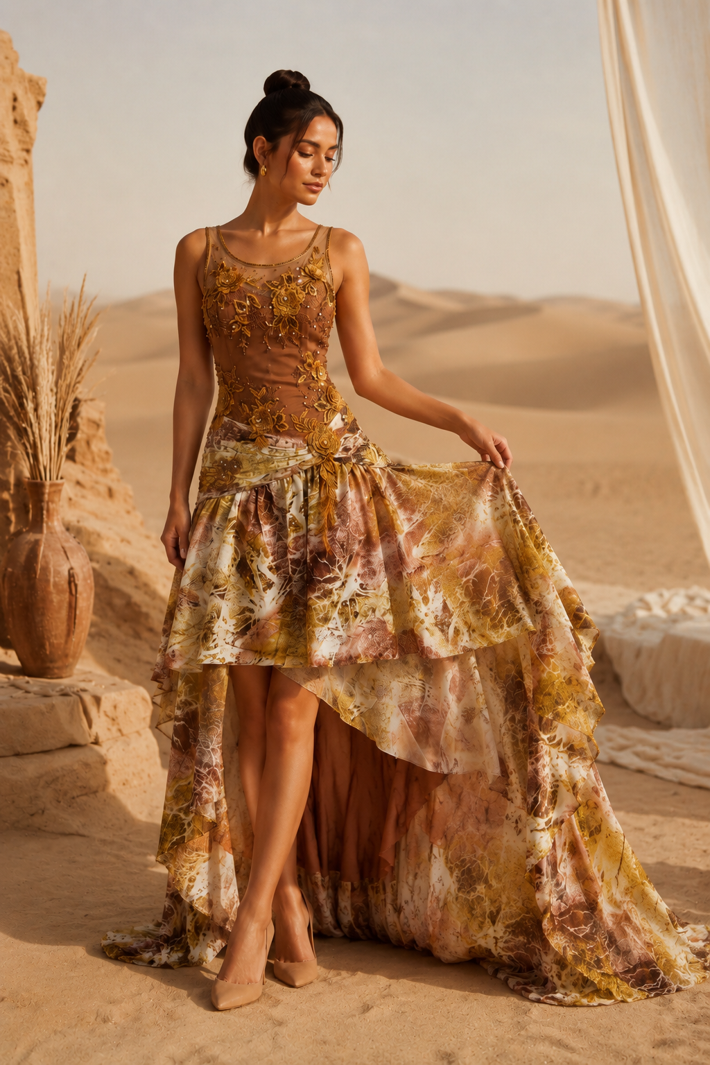 Brown Silk Blend Asymmetric Tiered Gown Dress