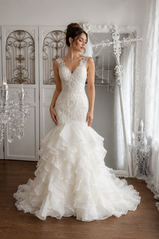 Ivory Lace Mermaid Tiered Ruffled Dress