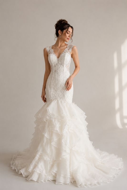 Ivory Lace Mermaid Tiered Ruffled Dress