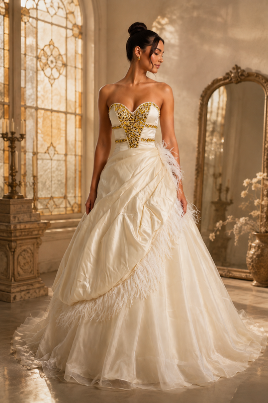 Cream Satin Ballgown Gown with Rhinestone Bodice and Feather Trim