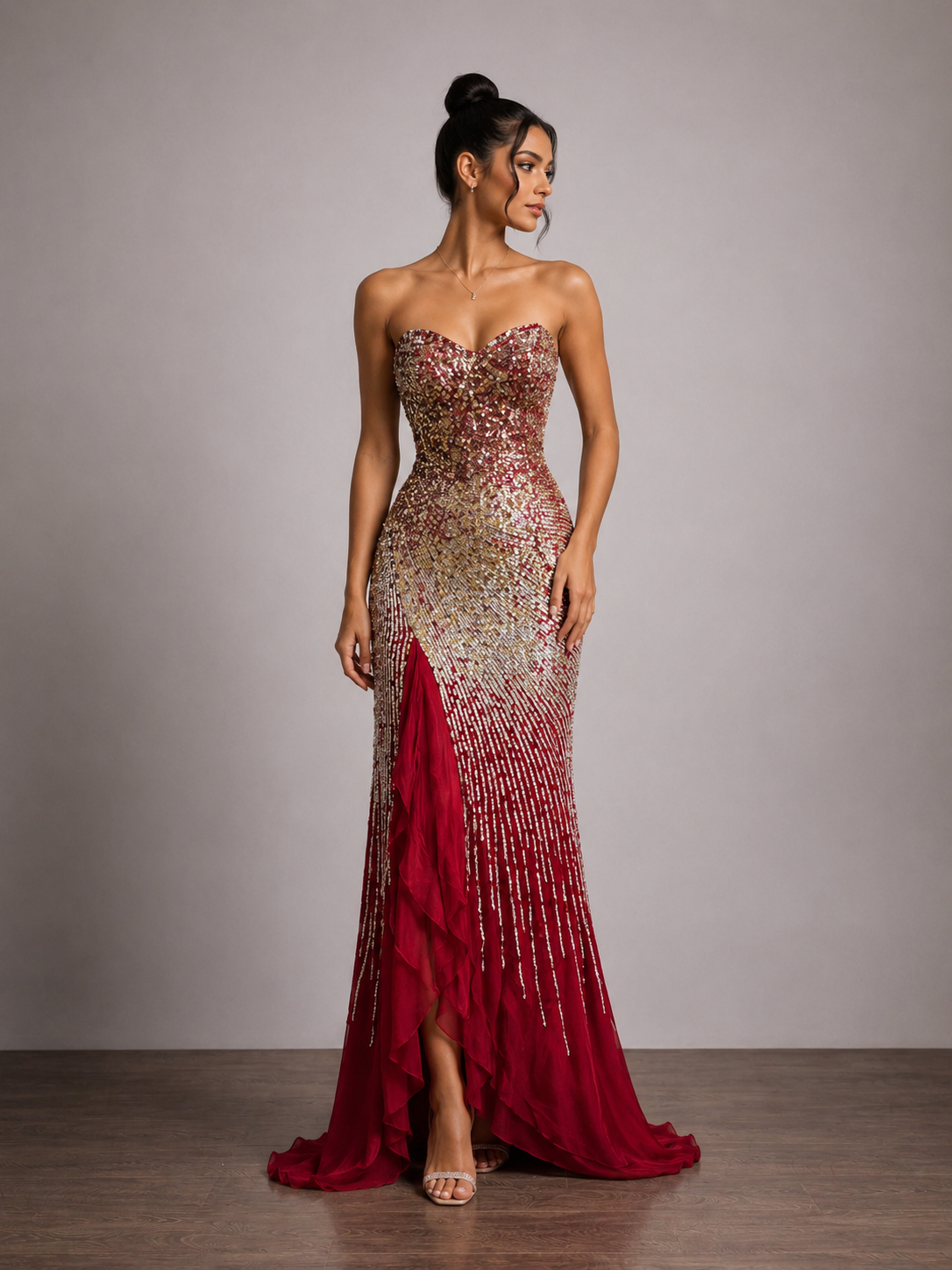Red and Gold Sequined Mesh Column Gown