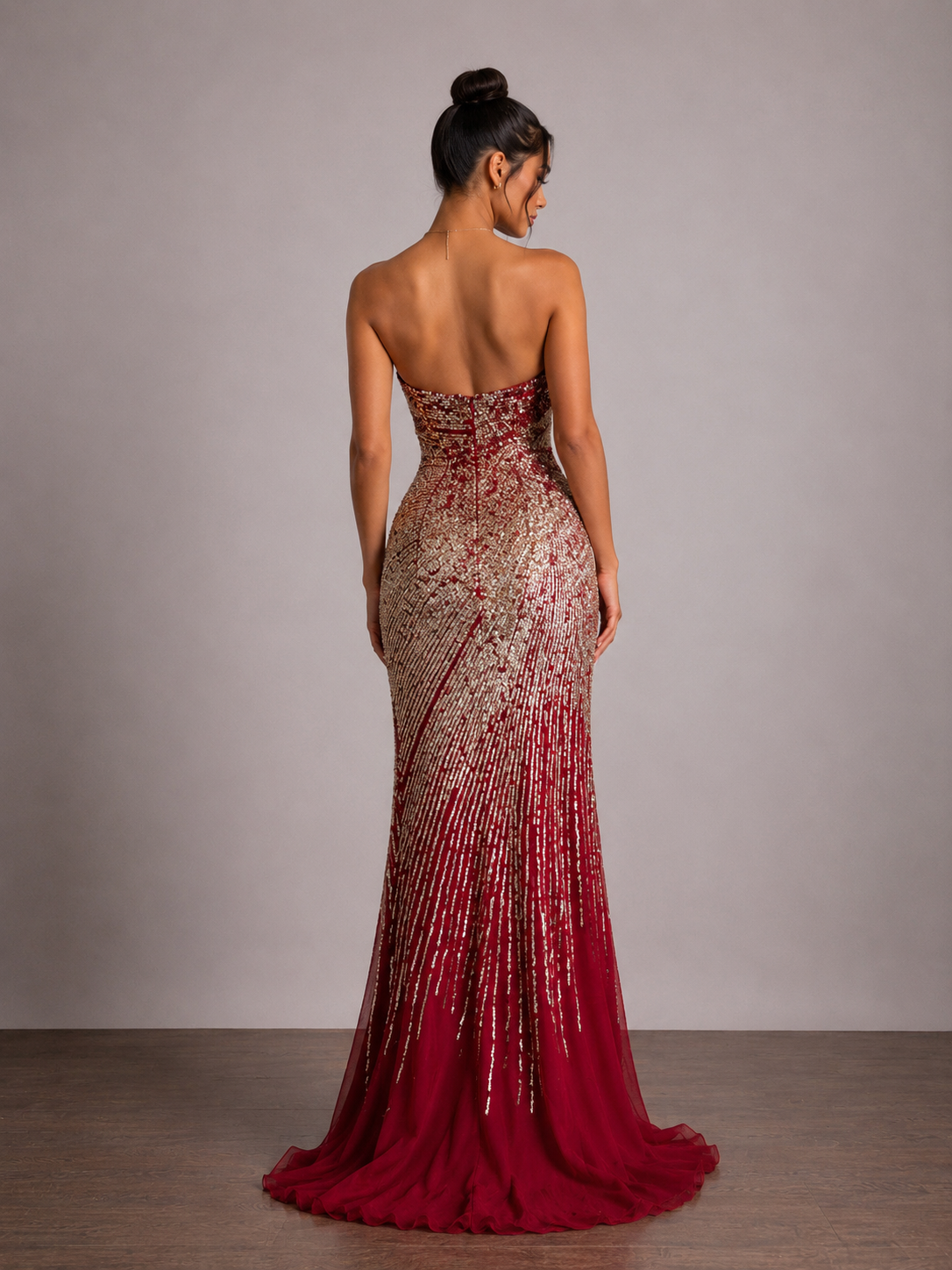 Red and Gold Sequined Mesh Column Gown