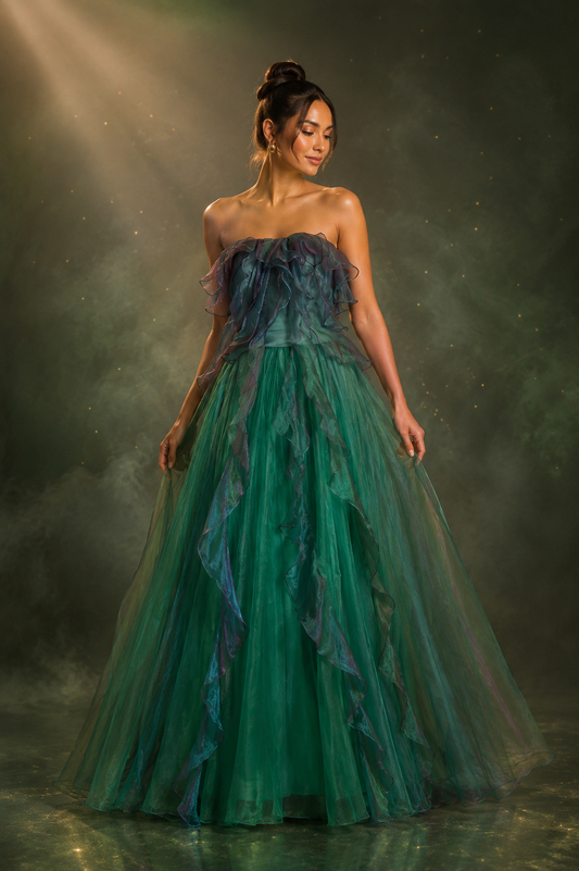 Emerald Green Sheer Organza A-Line Gown with Iridescent Ruffles