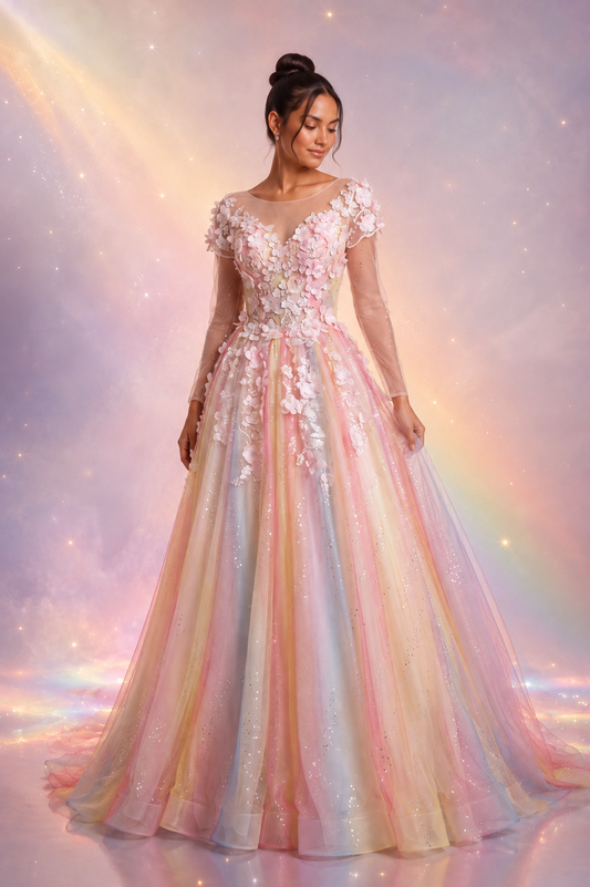 Pastel Gradient Tulle Ballgown Gown with 3D Floral Appliques