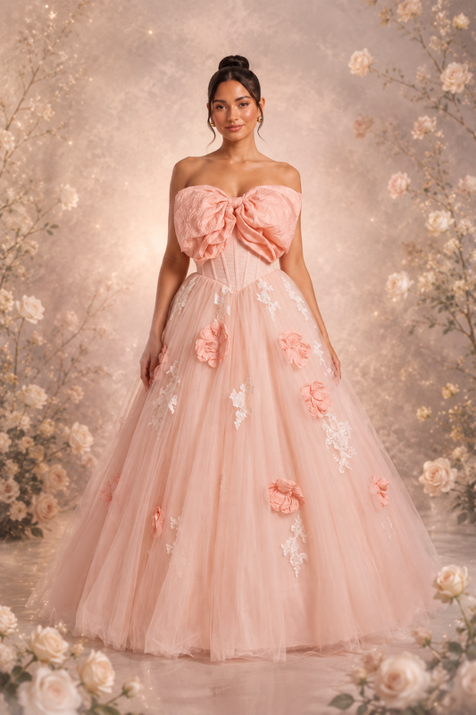 Peach Tulle Ballgown with Floral Applique