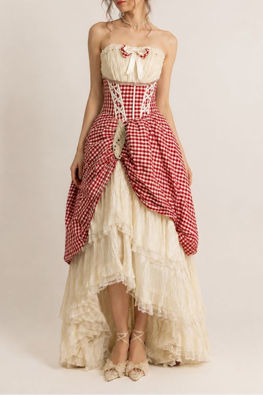 Red Gingham Cotton Bustle Ballgown Dress